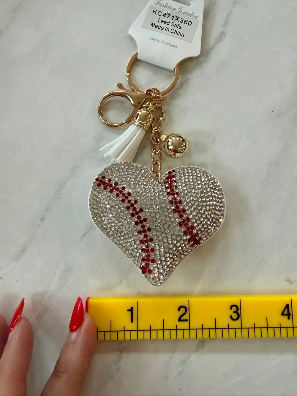 ✨ Bling Heart Baseball Puffy Keychain Bag Charm with Tassel ✨